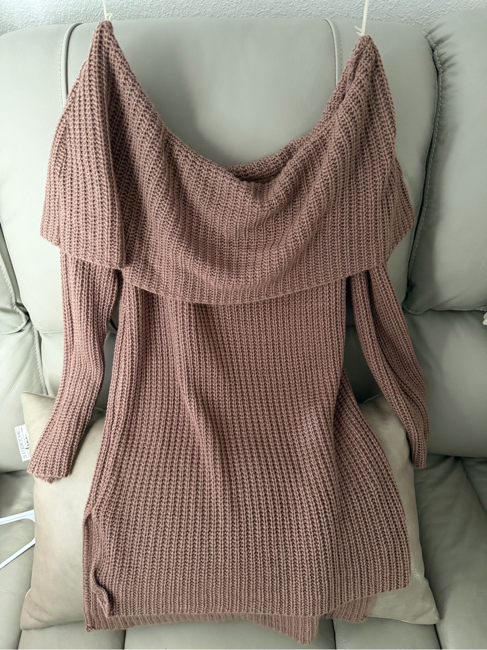 Charlotte Russe Taupe Off-Shoulder Ribbed Sweater